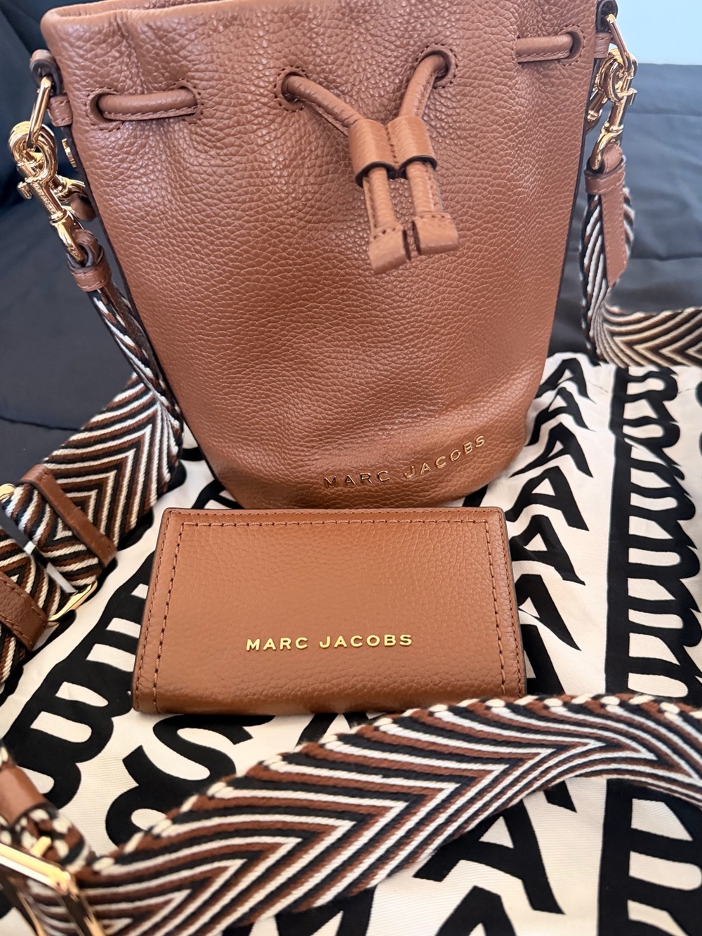 Marc Jacobs Tan Pebbled Leather Mini Bucket Bag with Card Holder